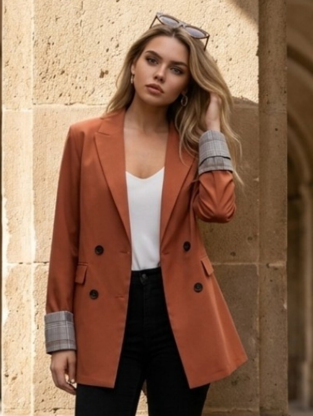 Shein Blazer Burnt Orange with Plaid Cuffs Size Large